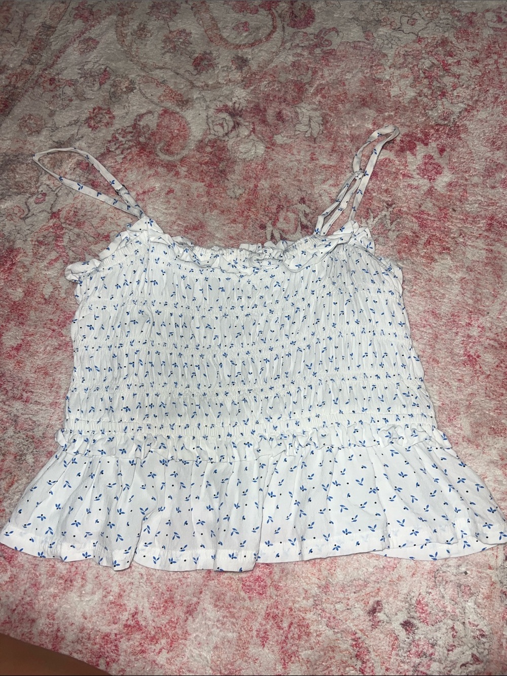 White Smocked Ruffle Cami Top with Blue Floral Print